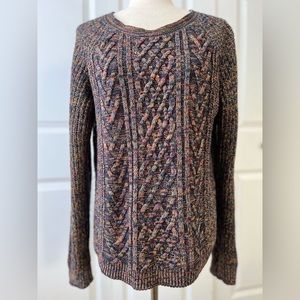 Faded Glory sweater in dark multi-color knit with cable detail.